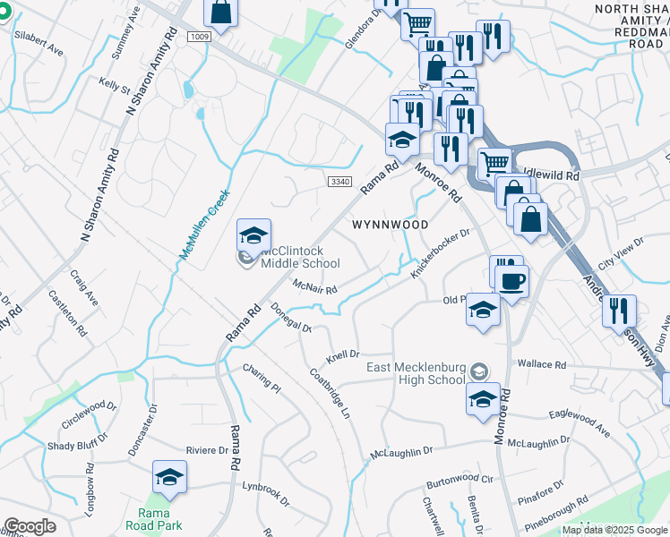 map of restaurants, bars, coffee shops, grocery stores, and more near 5919 McNair Road in Charlotte