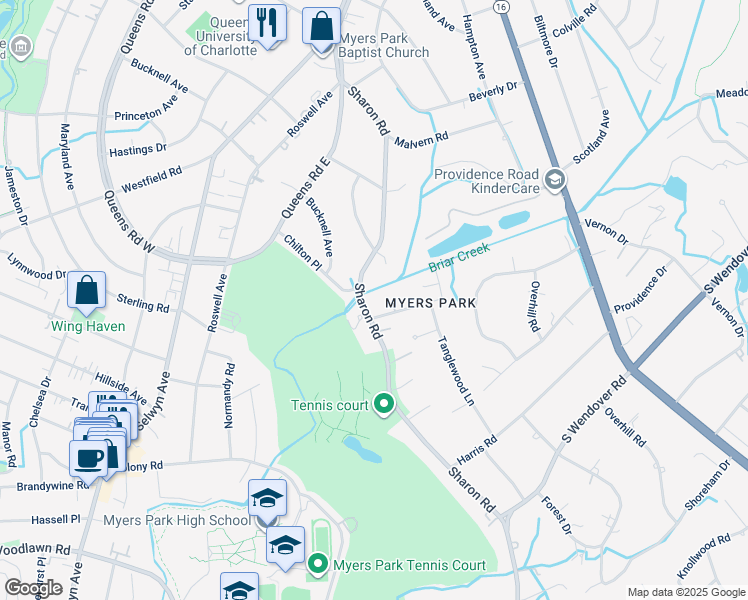 map of restaurants, bars, coffee shops, grocery stores, and more near 2357 Sharon Road in Charlotte