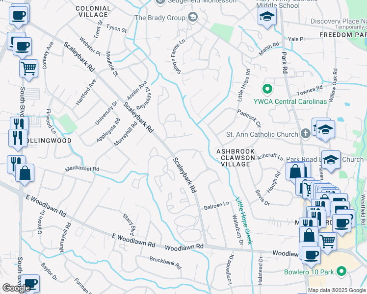 map of restaurants, bars, coffee shops, grocery stores, and more near 912 Sewickley Drive in Charlotte