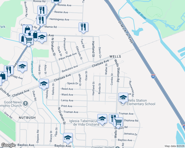map of restaurants, bars, coffee shops, grocery stores, and more near 4217 Watts Avenue in Memphis