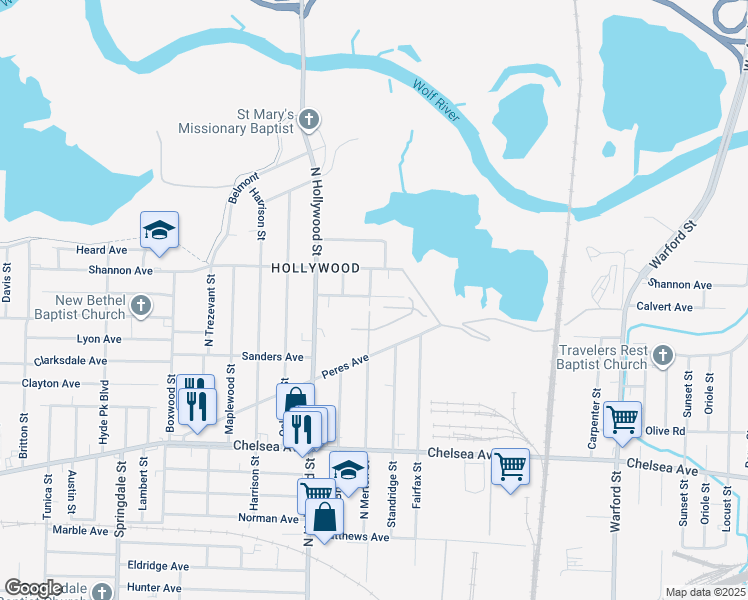 map of restaurants, bars, coffee shops, grocery stores, and more near 1583 North Merton Street in Memphis