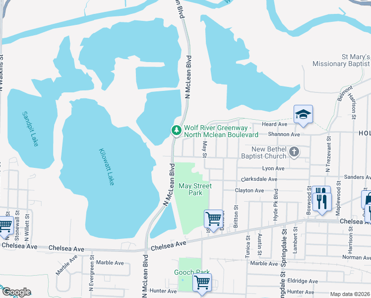 map of restaurants, bars, coffee shops, grocery stores, and more near 1832 Nedra Avenue in Memphis