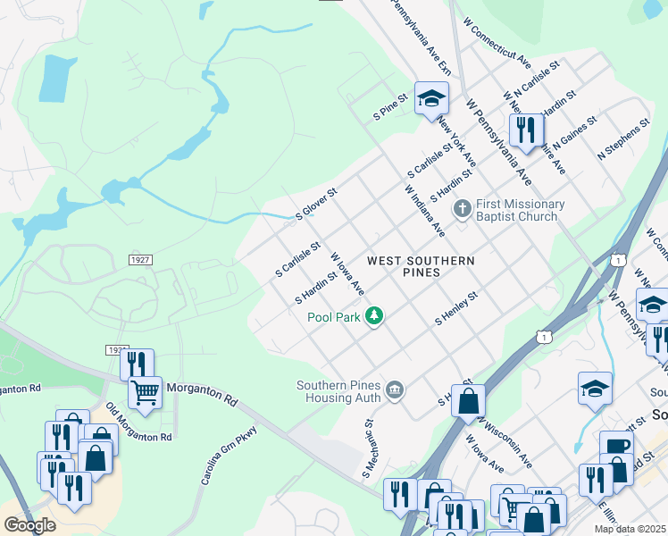 map of restaurants, bars, coffee shops, grocery stores, and more near 700 South Hardin Street in Southern Pines