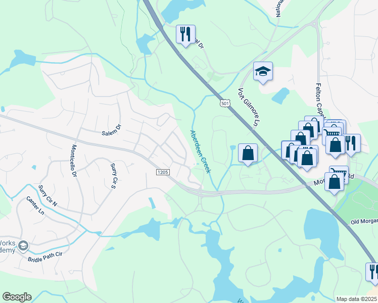 map of restaurants, bars, coffee shops, grocery stores, and more near 65 Winged Foot Road in Pinehurst
