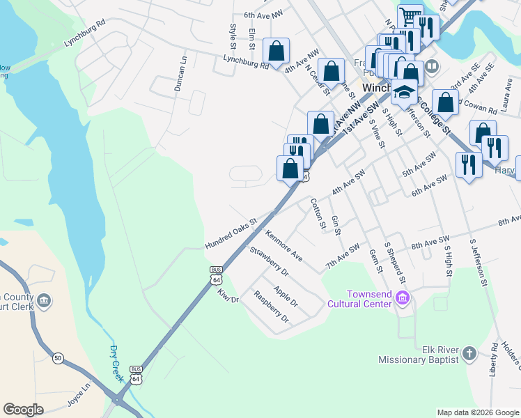 map of restaurants, bars, coffee shops, grocery stores, and more near 507 Hundred Oaks Street in Winchester