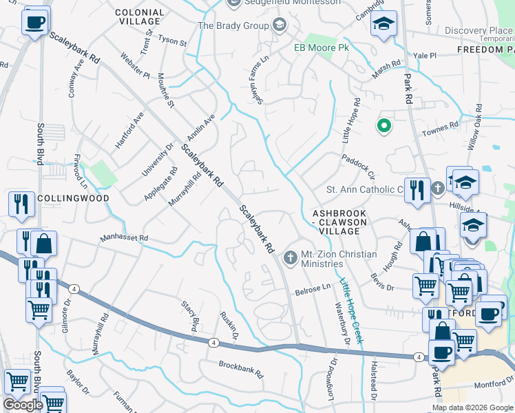 map of restaurants, bars, coffee shops, grocery stores, and more near 912 Sewickley Drive in Charlotte