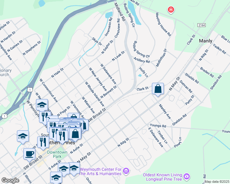 map of restaurants, bars, coffee shops, grocery stores, and more near 735 North Bennett Street in Southern Pines