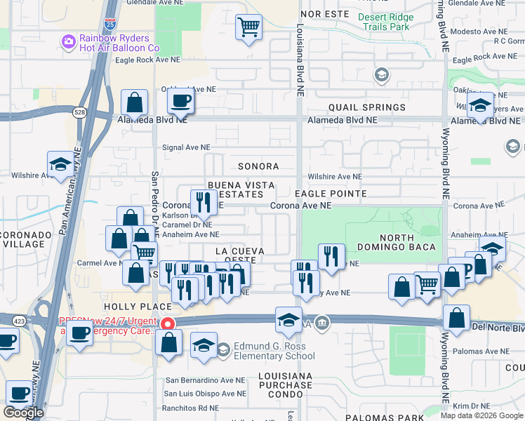 map of restaurants, bars, coffee shops, grocery stores, and more near 6805 La Lucena Avenue Northeast in Albuquerque