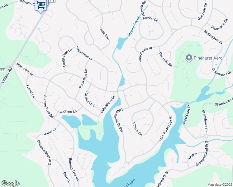 map of restaurants, bars, coffee shops, grocery stores, and more near 340 Burning Tree Road in Pinehurst