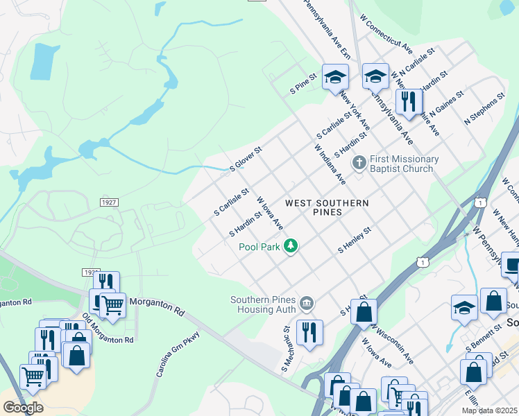 map of restaurants, bars, coffee shops, grocery stores, and more near 700 South Hardin Street in Southern Pines