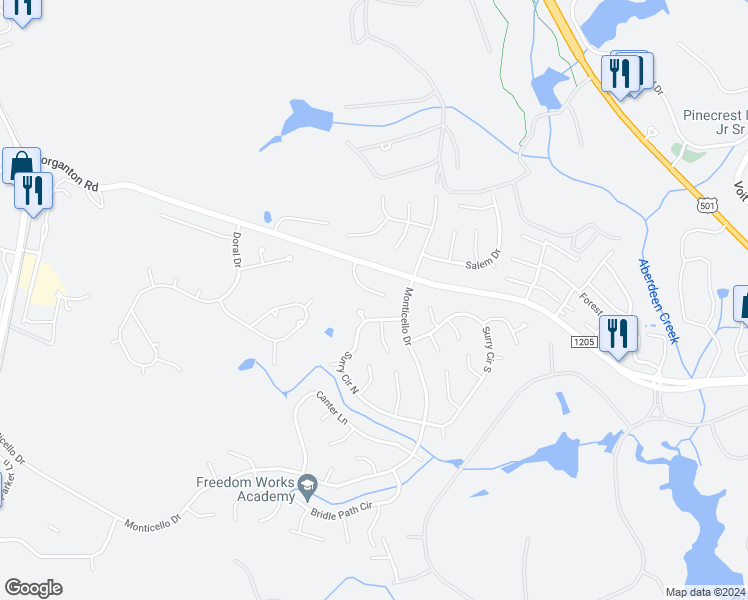 map of restaurants, bars, coffee shops, grocery stores, and more near 13 Sulky Lane in Pinehurst