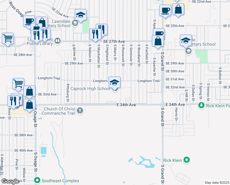 map of restaurants, bars, coffee shops, grocery stores, and more near 3001 East 34th Avenue in Amarillo