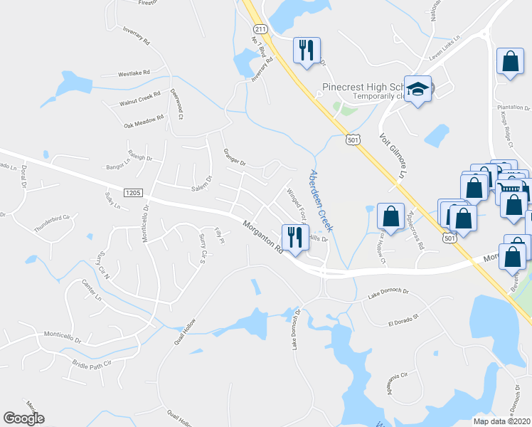 map of restaurants, bars, coffee shops, grocery stores, and more near 305 Hampton Drive in Pinehurst