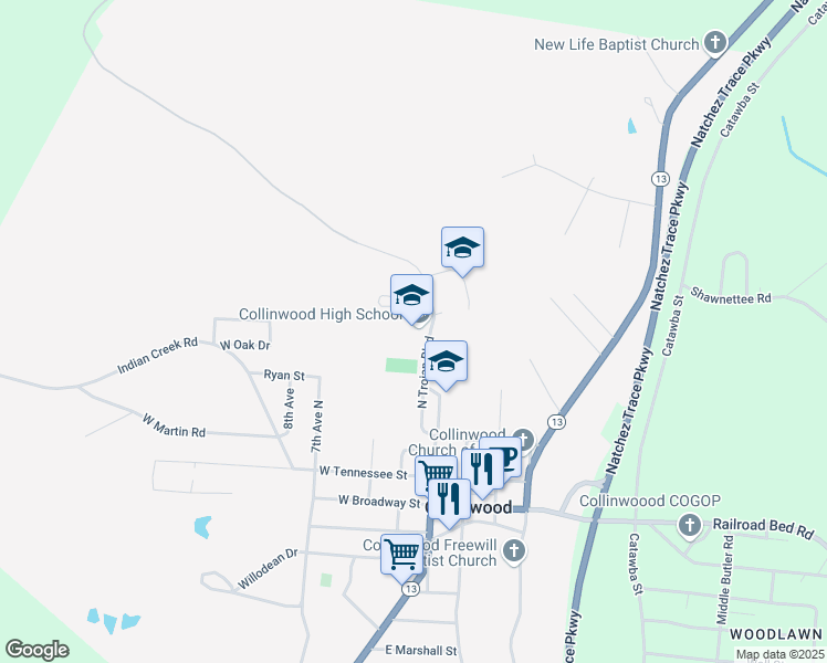 map of restaurants, bars, coffee shops, grocery stores, and more near 401 North Trojan Boulevard in Collinwood