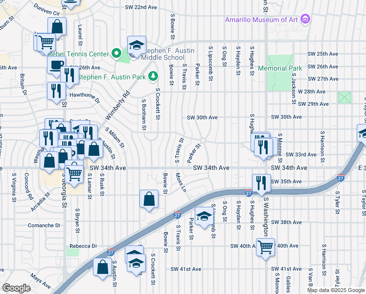 map of restaurants, bars, coffee shops, grocery stores, and more near 3217 South Travis Street in Amarillo