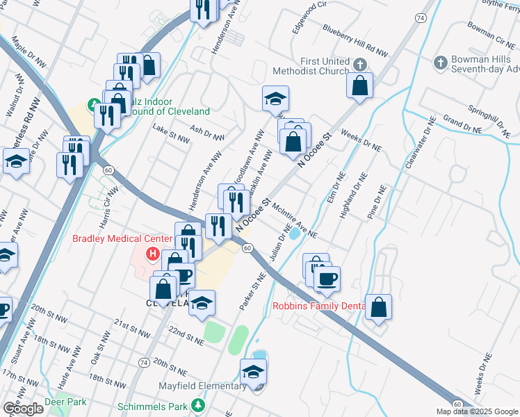 map of restaurants, bars, coffee shops, grocery stores, and more near North Ocoee Street in Cleveland