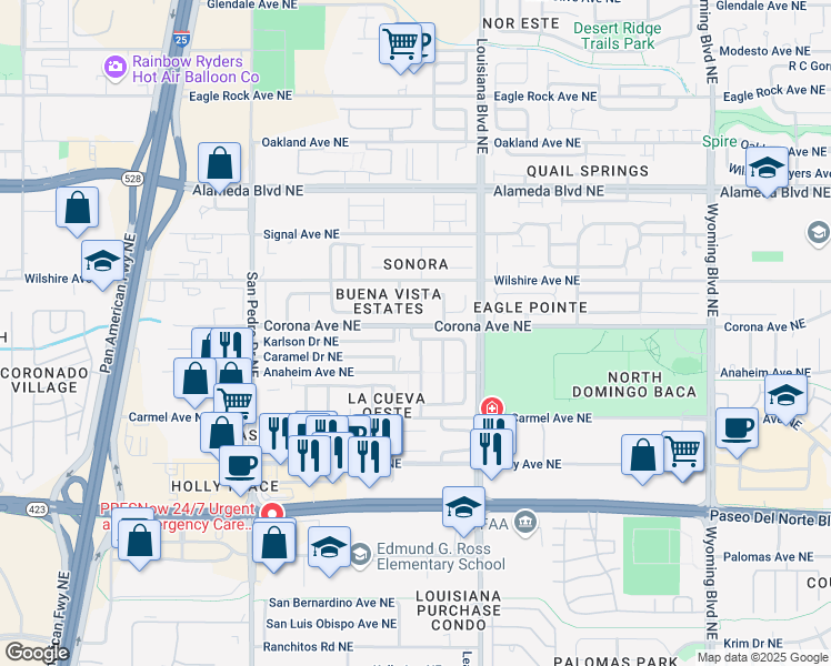 map of restaurants, bars, coffee shops, grocery stores, and more near 6614 Karlson Drive Northeast in Albuquerque