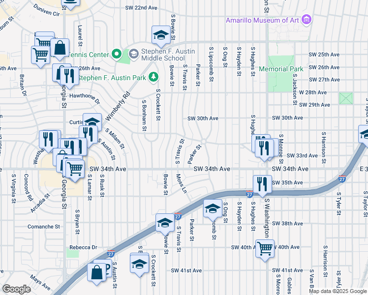 map of restaurants, bars, coffee shops, grocery stores, and more near 3217 South Travis Street in Amarillo