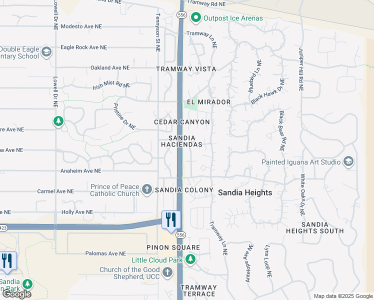 map of restaurants, bars, coffee shops, grocery stores, and more near 789 Tramway Place Northeast in Albuquerque