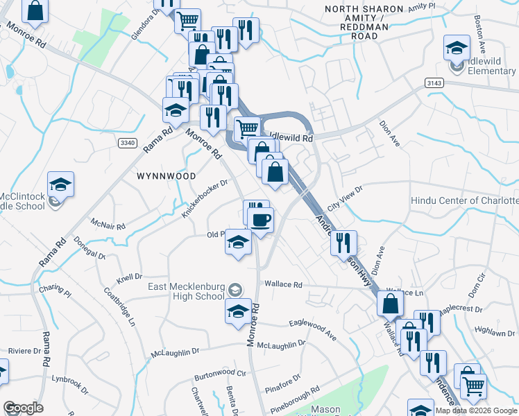 map of restaurants, bars, coffee shops, grocery stores, and more near 6521 Monroe Road in Charlotte