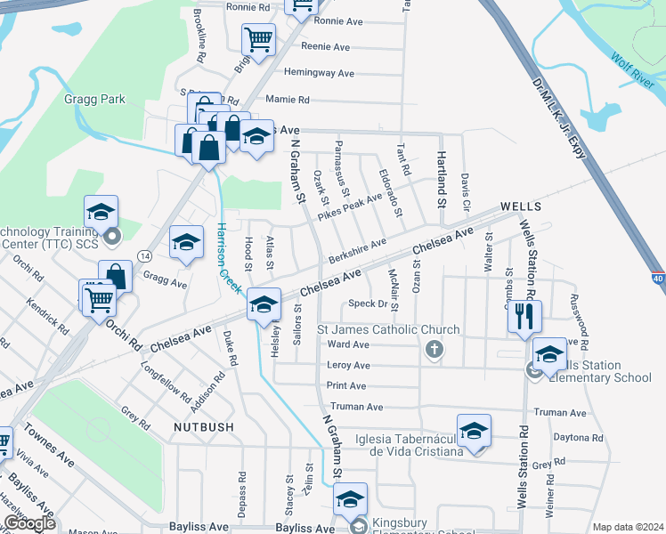 map of restaurants, bars, coffee shops, grocery stores, and more near 1745 North Graham Street in Memphis