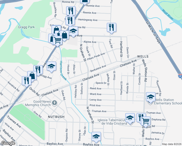 map of restaurants, bars, coffee shops, grocery stores, and more near 1745 North Graham Street in Memphis