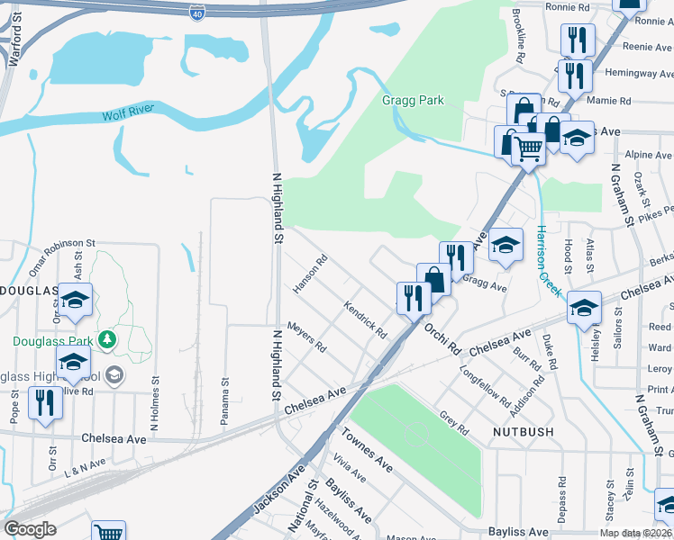 map of restaurants, bars, coffee shops, grocery stores, and more near 3550 Kendrick Road in Memphis