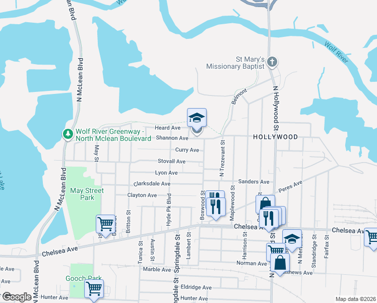 map of restaurants, bars, coffee shops, grocery stores, and more near 2248 Stovall Avenue in Memphis
