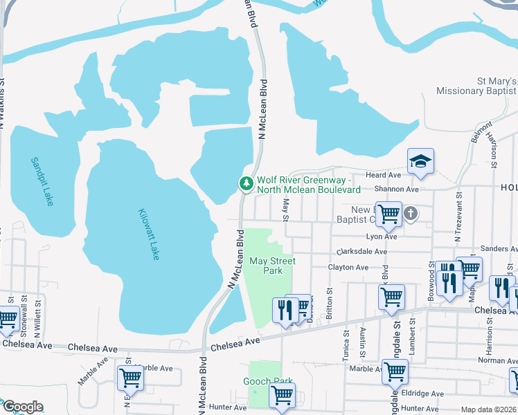 map of restaurants, bars, coffee shops, grocery stores, and more near 1832 Nedra Avenue in Memphis