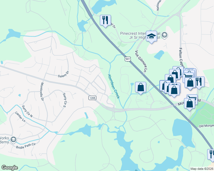 map of restaurants, bars, coffee shops, grocery stores, and more near 45 Winged Foot Road in Pinehurst