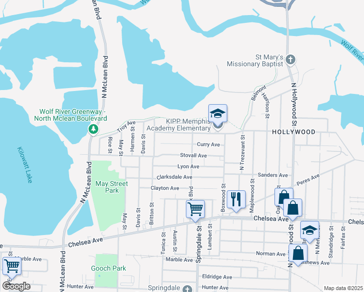 map of restaurants, bars, coffee shops, grocery stores, and more near 2160 Stovall Avenue in Memphis