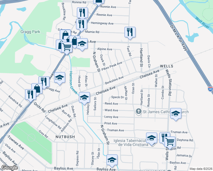 map of restaurants, bars, coffee shops, grocery stores, and more near 1745 North Graham Street in Memphis