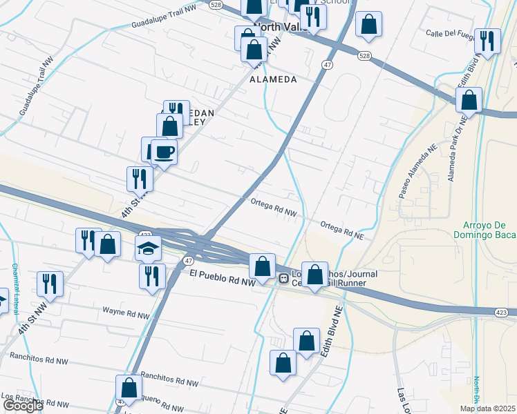 map of restaurants, bars, coffee shops, grocery stores, and more near 142 Ortega Road Northwest in Albuquerque