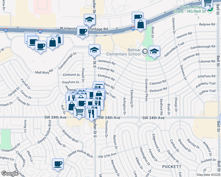 map of restaurants, bars, coffee shops, grocery stores, and more near 7013 Dreyfuss Road in Amarillo