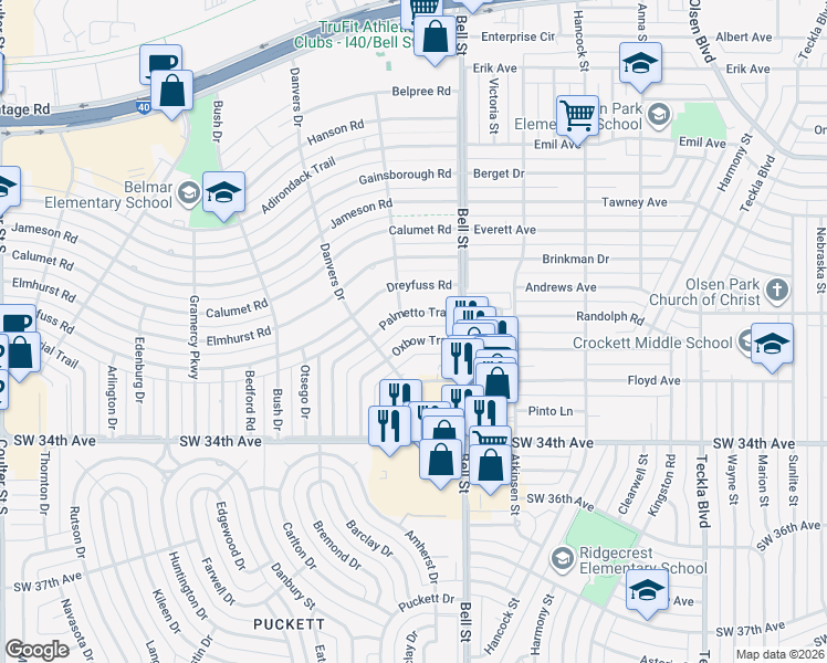 map of restaurants, bars, coffee shops, grocery stores, and more near 6013 Oxbow Trail in Amarillo