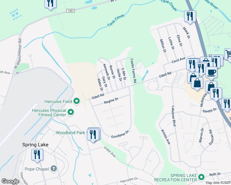 map of restaurants, bars, coffee shops, grocery stores, and more near 613 Odell Road in Spring Lake