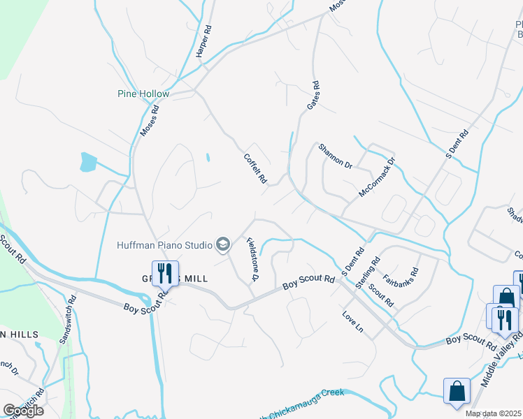 map of restaurants, bars, coffee shops, grocery stores, and more near 1204 Wood Pines Lane in Middle Valley