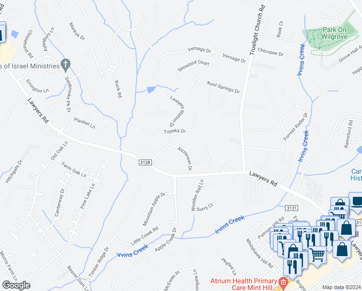 map of restaurants, bars, coffee shops, grocery stores, and more near 10219 Atchinson Drive in Mint Hill