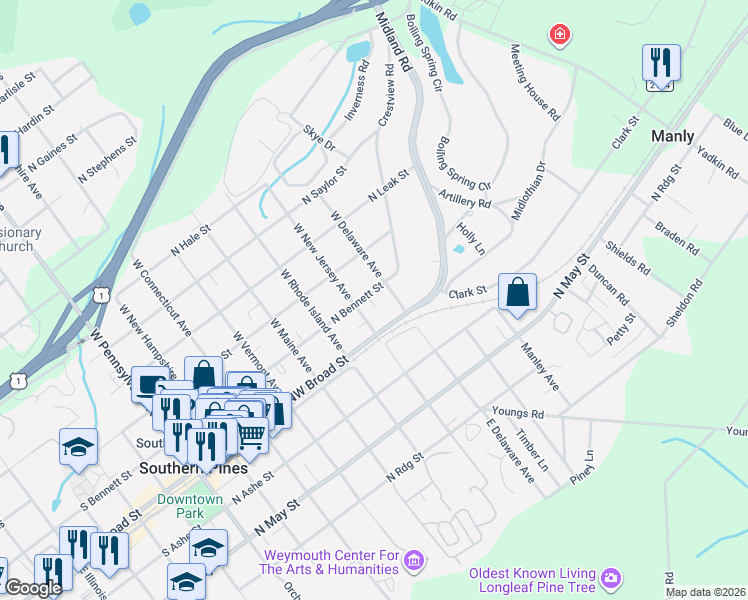 map of restaurants, bars, coffee shops, grocery stores, and more near 750c Northwest Broad Street in Southern Pines