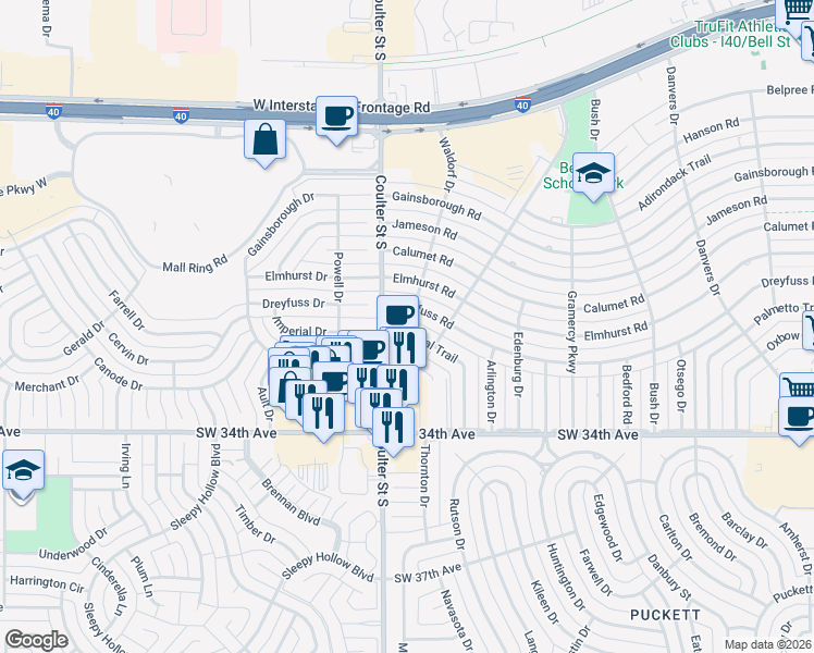 map of restaurants, bars, coffee shops, grocery stores, and more near 7107 Imperial Trail in Amarillo