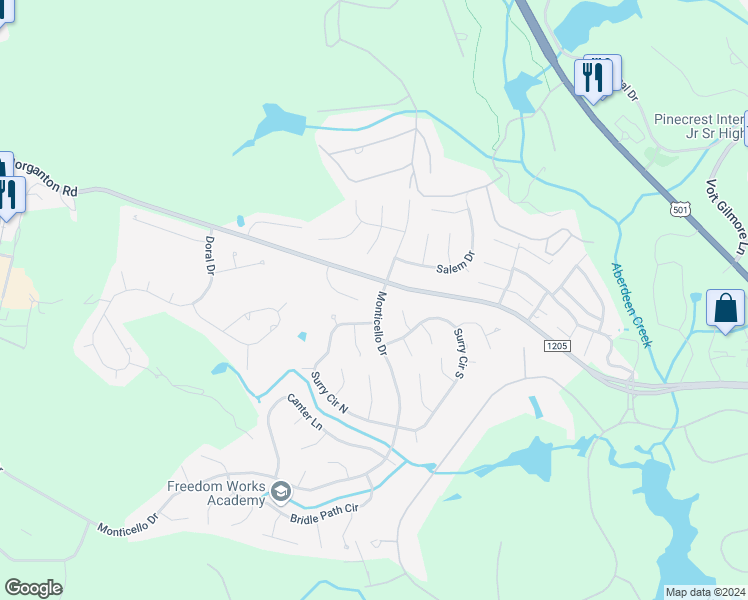 map of restaurants, bars, coffee shops, grocery stores, and more near 1345 Monticello Drive in Pinehurst