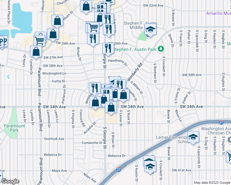 map of restaurants, bars, coffee shops, grocery stores, and more near 3210 Wimberly Road in Amarillo