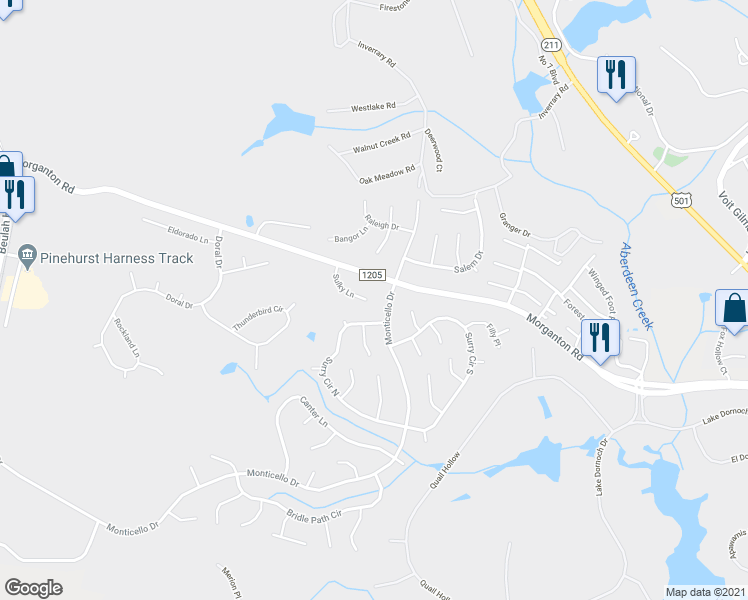 map of restaurants, bars, coffee shops, grocery stores, and more near 16 Sulky Lane in Pinehurst
