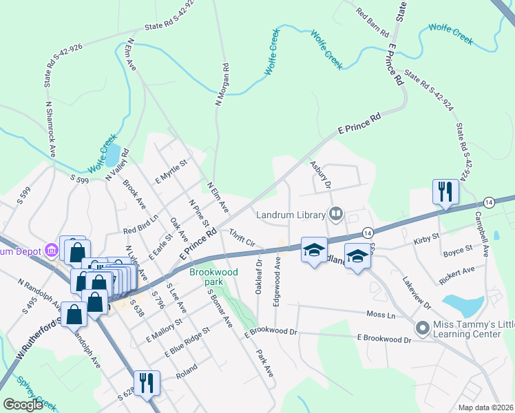 map of restaurants, bars, coffee shops, grocery stores, and more near 154 Skyuka Circle in Landrum