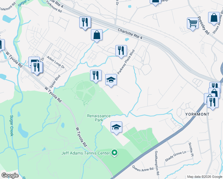 map of restaurants, bars, coffee shops, grocery stores, and more near 5146 Parkway Plaza Boulevard in Charlotte