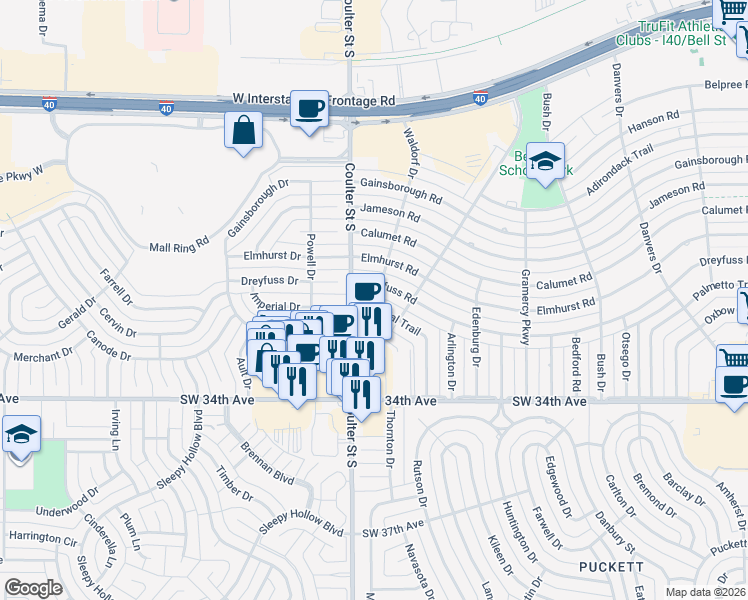 map of restaurants, bars, coffee shops, grocery stores, and more near 7107 Imperial Trail in Amarillo