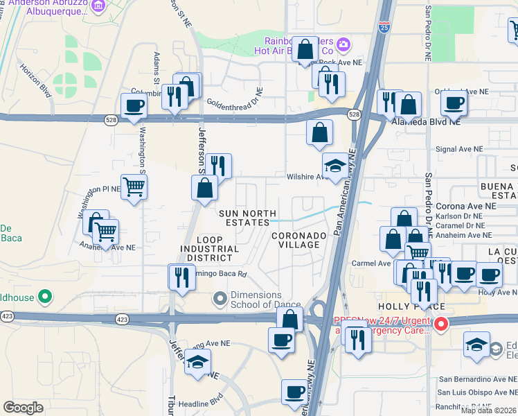map of restaurants, bars, coffee shops, grocery stores, and more near 8433 River Street Northeast in Albuquerque