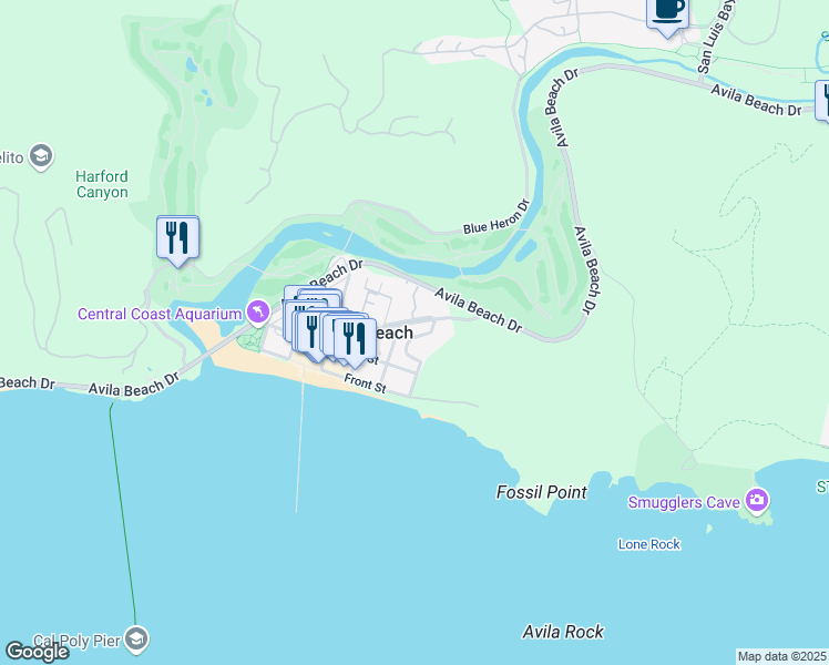 map of restaurants, bars, coffee shops, grocery stores, and more near 141 San Rafael Street in Avila Beach