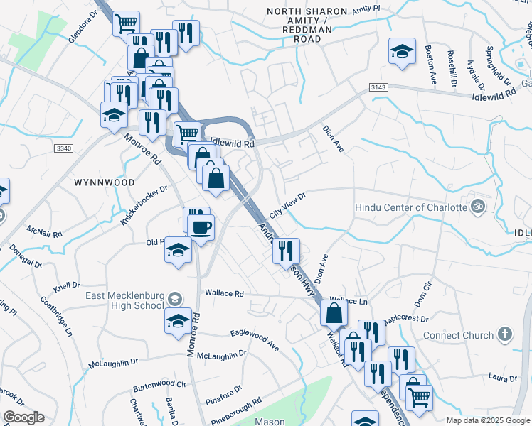 map of restaurants, bars, coffee shops, grocery stores, and more near 6021 East Independence Boulevard in Charlotte