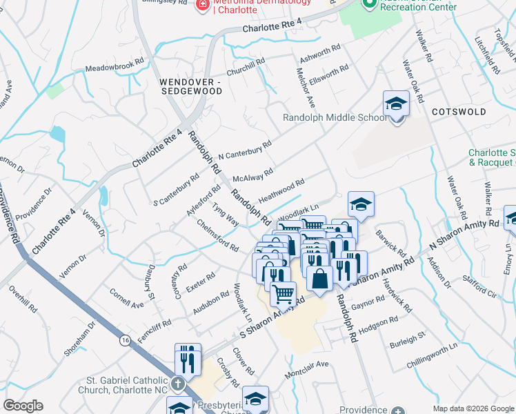 map of restaurants, bars, coffee shops, grocery stores, and more near 4204 Randolph Road in Charlotte